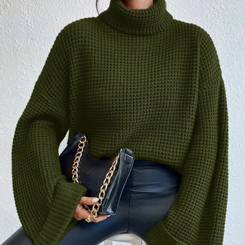 Army Green Casual Women's Turtleneck Long Sleeve Sweater - Picture 5 of 6